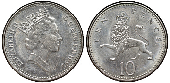 Великобритания 10 пенсов 1992 Елизавета II (1952-2022) KM 938b, Spink 4367 (F4) медно-никель 51-3146