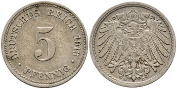 Германия 5 пфеннигов 1913 D KM 11, J. 12 медно-никель 4151-541