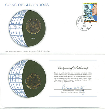 ВАЛЮТНЫЙ СОЮЗ СТРАН ЦЕНТРАЛЬНОЙ АФРИКИ, ЧАД 25 ФРАНКОВ 1978 конверт с маркой первого дня гашения, Coins of Nations KM 10 алюминиевая бронза UNC 4294-58-2