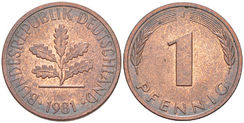 ФРГ 1 ПФЕННИГ 1981 J KM 105, J. 380 сталь плакированная медью 4181-642