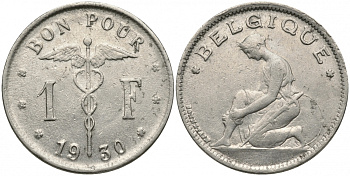 БЕЛЬГИЯ 1 ФРАНК 1930 BELGIQUE KM 89 никель 51-2116