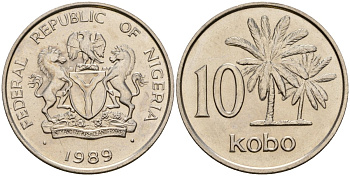 Нигерия 10 кобо 1989 KM 10.2 медно-никель UNC 4118-532