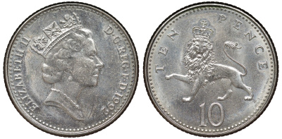 Великобритания 10 пенсов 1992 Елизавета II (1952-2022) KM 938b, Spink 4367 (F4) медно-никель 51-3146
