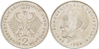 ФРГ 2 МАРКИ 1977 J, КОНРАД АДЕНАУЭР KM 124, J. 406 медно-никель плакированный никелем 3718-1013