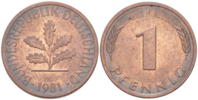 ФРГ 1 ПФЕННИГ 1981 J KM 105, J. 380 сталь плакированная медью 4181-642