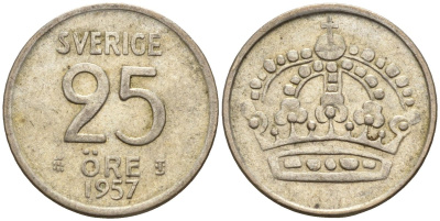 Швеция 25 эре 1957 TS, Густав VI Адольф (1950-1973) KM 824 серебро 4147-1052