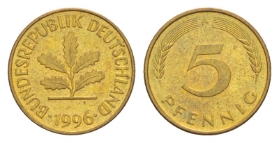 Германия 5 пфеннигов 1996 A KM 107, J. 382 сталь плакированная латунью UNC 4630-1256