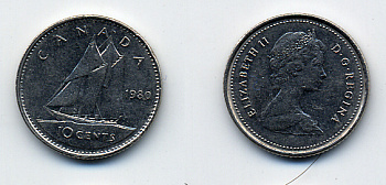 КАНАДА 10 ЦЕНТОВ 1980 KM 77.2 никель 54-258
