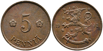 ФИНЛЯНДИЯ 5 ПЕННИ 1932 KM 22 медь 4387-422