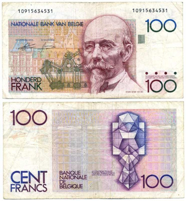 БЕЛЬГИЯ 100 ФРАНКОВ 1982-1994 ПОДПИСЬ (4 И 13), АРХИТЕКТОР ХЕНДРИК БЕЙЕРТ Pick 142а бумага 7222-52-2