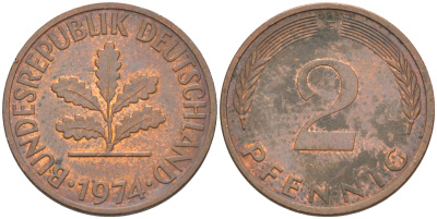 ФРГ 2 пфеннига 1974 F KM 106а, J. 381а сталь плакированная медью 55-1225