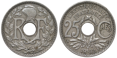 Франция 25 сантимов 1932 тип Lindauer KM 867а, Le Franc 171.16 медно-никель 4128-223