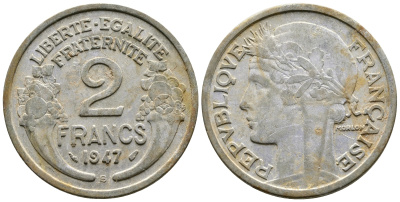 Франция 2 франка 1947 В KM 886а.2 алюминий 81-113
