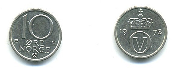 НОРВЕГИЯ 10 ЭРЕ 1978 KM 416 медно-никель 59-1835