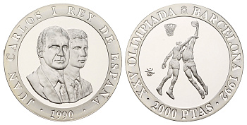 Испания 2000 песет 1990 XXV Летние Олимпийские игры, Барселона 1992 - баскетбол KM 866 серебро PROOF 11-083-11