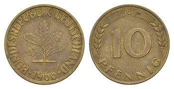 ФРГ 10 пфеннигов 1966 G KM 108, J. 383 сталь плакированная латунью 4630-1261
