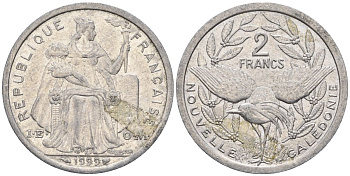 Французская Новая Каледония 2 франка 1999 птица кагу, (IEOM) KM 14, Schoen 11, Lec 68d алюминий    28-452