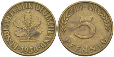ФРГ 5 пфеннигов 1950 F KM 107, J. 382 сталь плакированная латунью 55-1244