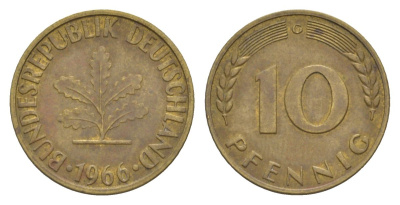 ФРГ 10 пфеннигов 1966 G KM 108, J. 383 сталь плакированная латунью 4630-1261