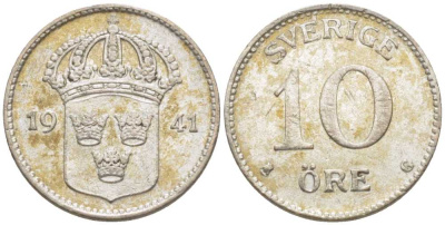Швеция 10 эре 1941 G, Густав V (1907-1950) KM 780 серебро 116-1158
