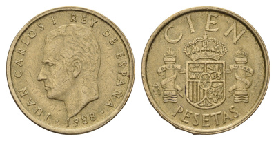 Испания 100 песет 1988 Хуан Карлос I (1975-2014) KM 826 алюминиевая бронза 202-146