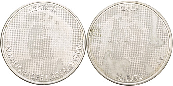 Нидерланды 10 евро 2005 25 ЛЕТ ПРАВЛЕНИЯ БЕАТРИКС КОРОЛЕВЫ НИДЕРЛАНДОВ KM 261 серебро 4537-422