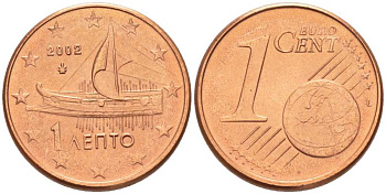 ГРЕЦИЯ 1 ЕВРОЦЕНТ 2002 KM 181 сталь плакированная медью UNC 214-337