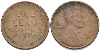 США 1 ЦЕНТ 1946 D, ЛИНКОЛЬН KM А132 медь цинк 3309-537