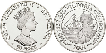 Остров Святой Елены 50 пенсов 2001 100 лет со дня смерти королевы Виктории (1837-1901) KM 20а серебро PROOF 1095-10-24