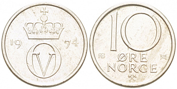 Норвегия 10 эре 1974 Улаф V (1958-1991) KM 416 медно-никель 3955-234