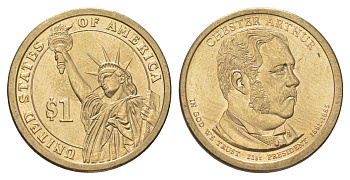 США 1 доллар 2012 P, Президент США - Честер Алан Артур (1881–1885) KM 524 медь с марганцево-латунным покрытием UNC 4629-315