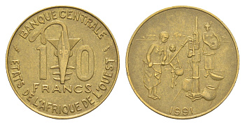 Западная Африка (BCEAO) 10 франков 1991 KM 10 медь алюминий никель 4612-755