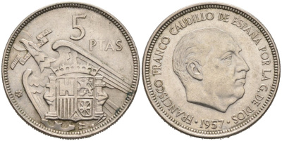 Испания 5 песет 1957(65) Франсиско Франко (1939-1975) KM 786 медно-никель 4571-1217