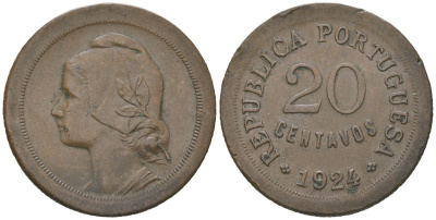 Португалия 20 сентаво 1924 KM 574 бронза 4616-616