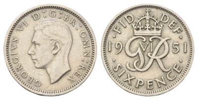 Великобритания 6 пенсов 1951 Георг VI (1936-1952) KM 875, Spink 4110 медно-никель 4708-729