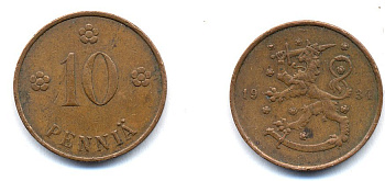 Финляндия 10 пенни 1934 республика (1918-1962) KM 24 медь 51-5427