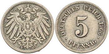 ГЕРМАНИЯ 5 ПФЕННИГОВ 1906 E KM 11, J. 12 медно-никель 105-122