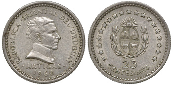 Уругвай 25 сентесимо 1960 KM 40 медно-никель 4169-1024
