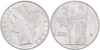 ИТАЛИЯ 100 ЛИР 1962 R, АФИНА, ДИАМЕТР 28 ММ. KM 96.1 нержавеющая сталь 4521-1116