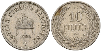 Венгрия 10 филлеров 1894 KB, Франц Иосиф I (1848-1916) KM 482 никель 4151-1053