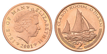 Остров Мэн 2 пенса 2001 KM 1037 сталь плакированная медью UNC 4119-624