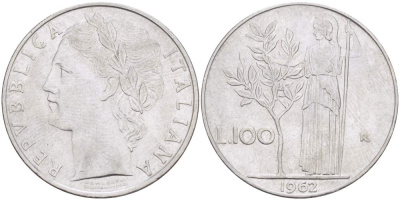 ИТАЛИЯ 100 ЛИР 1962 R, АФИНА, ДИАМЕТР 28 ММ. KM 96.1 нержавеющая сталь 4521-1116