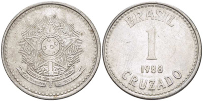 Бразилия 1 крузадо 1988 KM 605 нержавеющая сталь 217-311