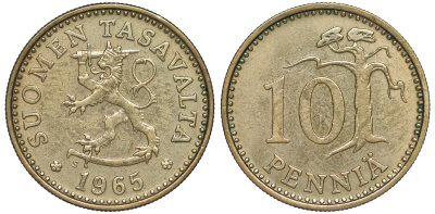 ФИНЛЯНДИЯ 10 ПЕННИ 1965 S KM 46 алюминиевая бронза 3334-1121