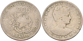 Бразилия 200 рейс 1901 голова свободы вправо KM 504 медно-никель 4589-1036