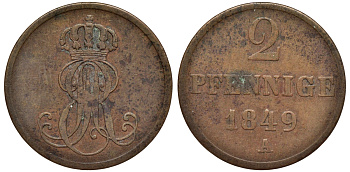 Ганновер 2 пфеннига 1849 A, Эрнст Август (1837-1851) KM 202.2, AKS 125, J. 75 медь 75-1922