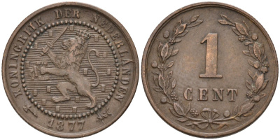 Нидерланды 1 цент 1877 Виллем III (1849-1890) KM 107 бронза 4576-523
