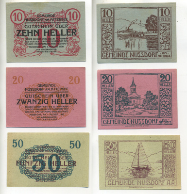 АВСТРИЯ НАБОР ИЗ 3 БАНКНОТ 1920 1 АВГУСТА 1920-30 НОЯБРЯ 1920, НОТГЕЛЬД, 10, 20, 50 ГЕЛЛЕРОВ, NUSSDORF am ATTERSEE бумага XF 6278-22-3