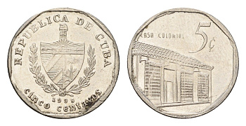 Куба 5 сентаво 1999 KM 575.2, Schoen 713, JMA MC19 сталь плакированная никелем 4674-733