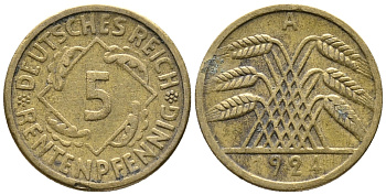 ГЕРМАНИЯ 5 РЕНТЕНПФЕННИГОВ 1924 A KM 32, J. 308 алюминиевая бронза 39-453